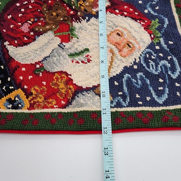 Vintage Needlepoint Christmas Pillow Cover Santa Holding Puppy Velvet Back 15x12 - Picture 9 of 10